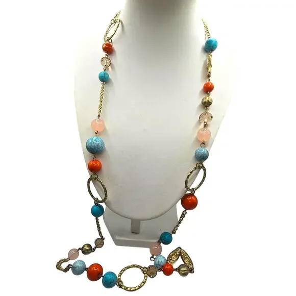 Light Colored Simulated Stones Necklace Acrylic Beads Matte Gold Tone 34" - 36" - Picture 3 of 10